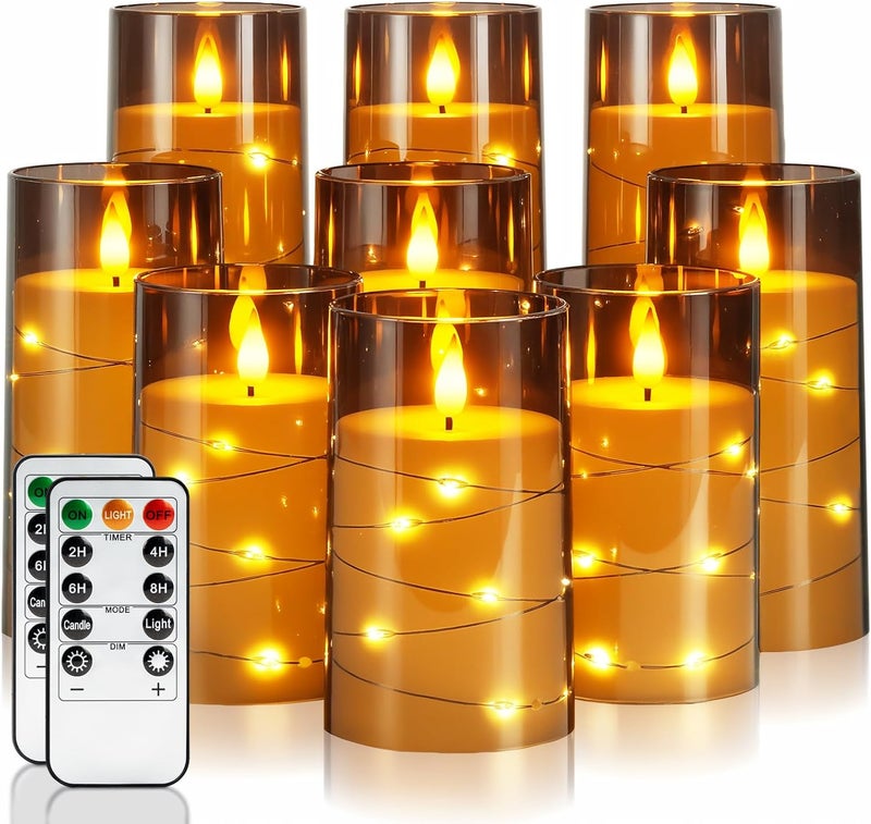 Homemory 9 Pcs Flameless Candles with Embedded Star String Fairy Lights, Battery Operated Candles, LED Fake Candles with Remote Control and Timer, Gray Acrylic - Image 1